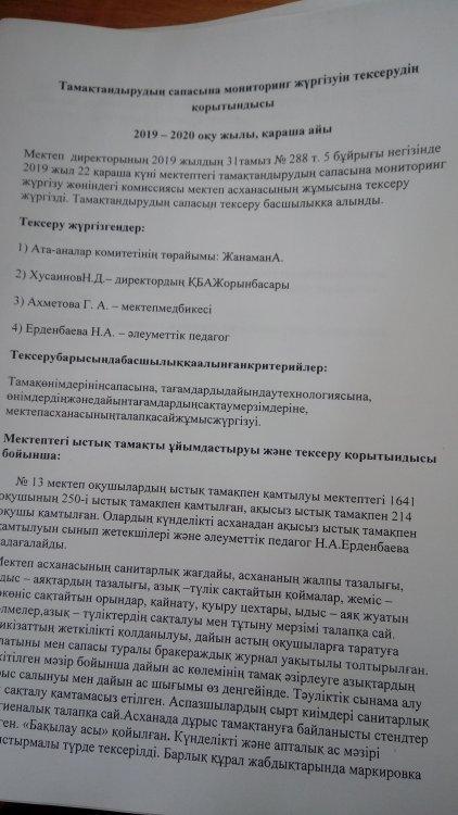 Ыстық тамақтың тексеру мониторингі 2020 жыл