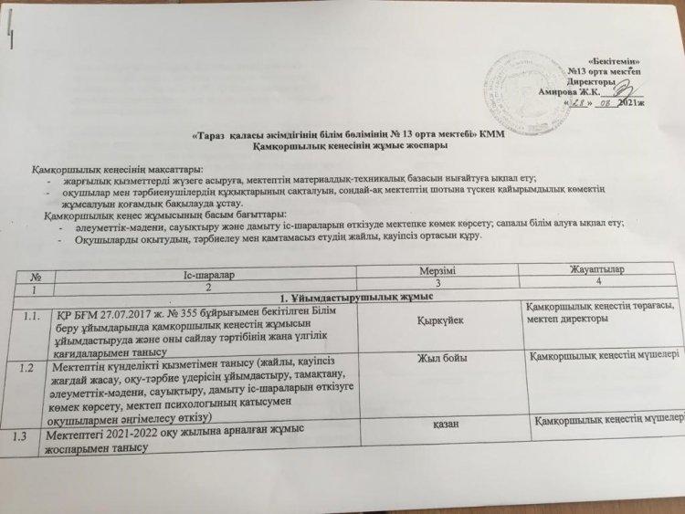 Қамқоршылық кеңесінің жұмыс жоспары