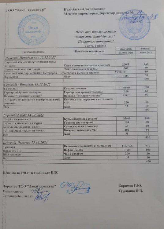 Желтоқсан айының 12 мен 15 аралығындағы ас мәзірі