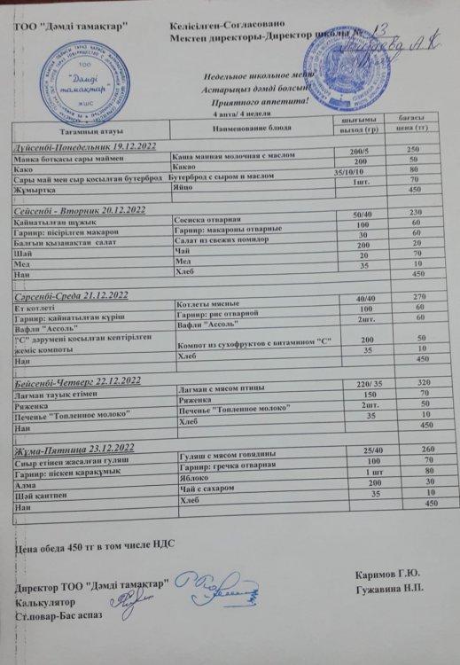 Желтоқсан айының 19 -23 аралығындағы ас мәзірі