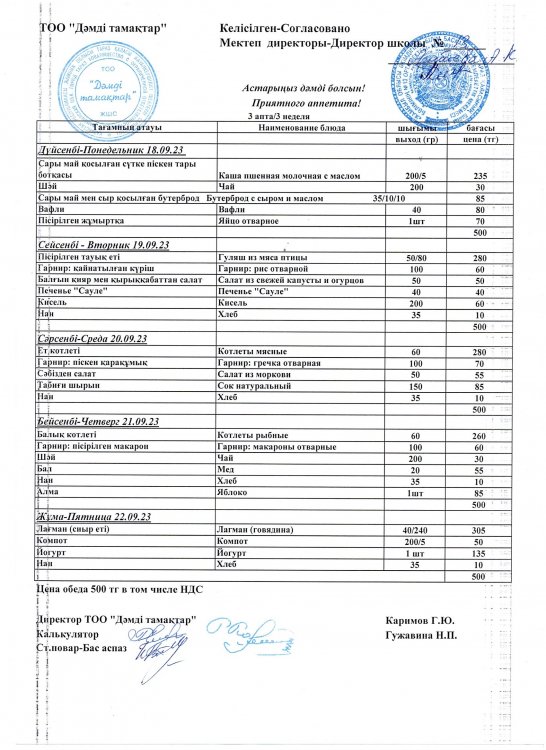 Қыркүйек айының 18 мен 22 күнгі Ас мәзірі
