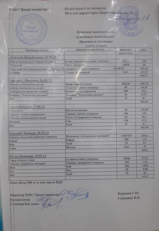 Қыркүйек айының 25-29 күнгі ас мәзірі