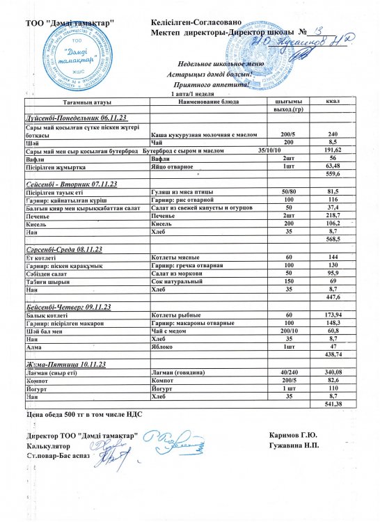 қараша айының 6 мен 10 күнгі ас мәзірі