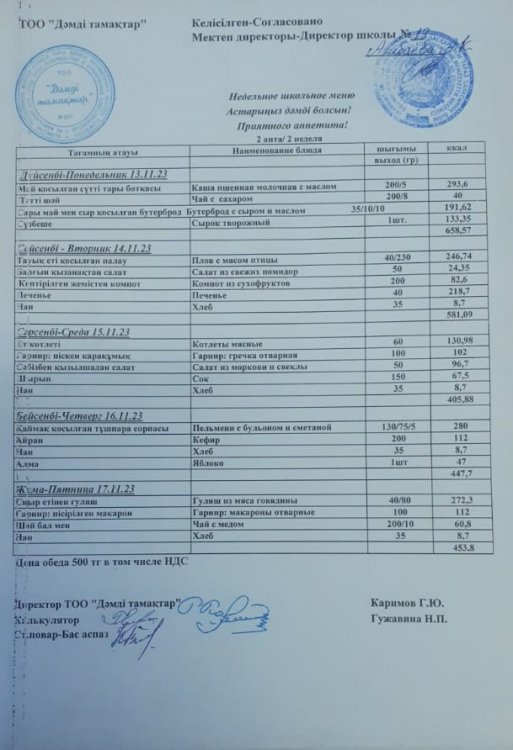 Қарашаның 13 мен 17 күндері ас мәзірі
