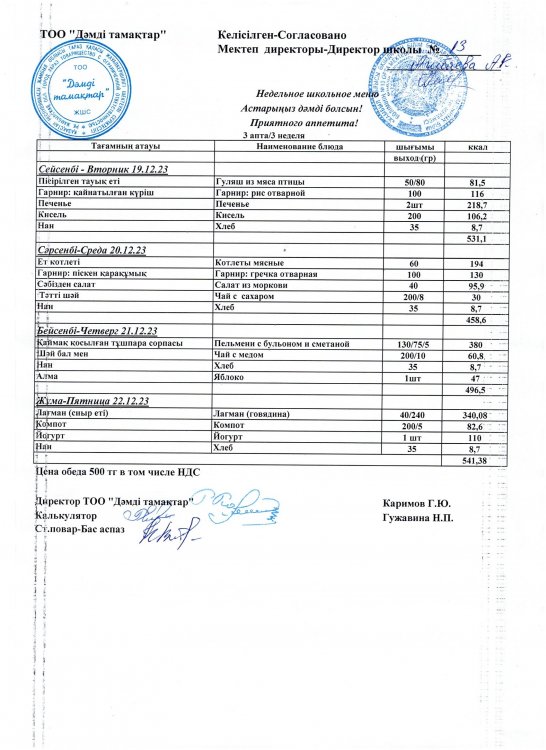 Желтоқсанның 19-22 меню