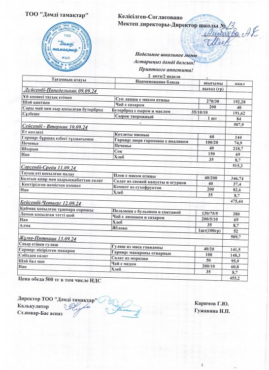 Қыркүйек айының 9 мен 13 күнгі Ас мәзірі