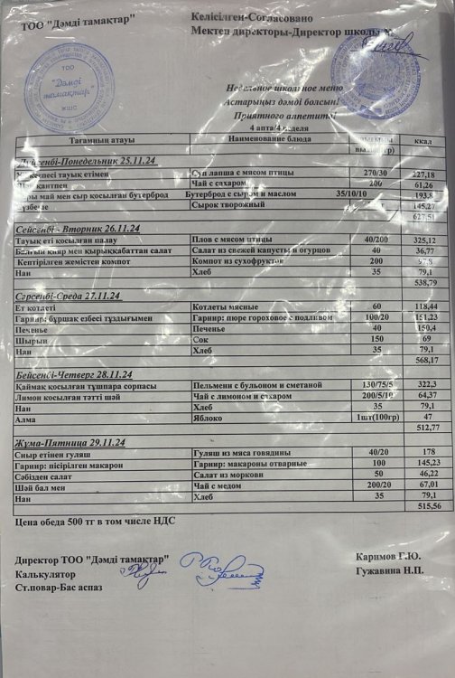 Ас мәзірі 25-29 күнгі ас мәзірі