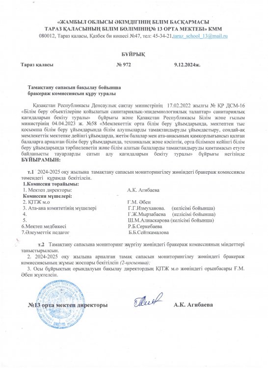Тамақтану сапасын бақылау бойынша бракераж комиссия тобының тексеру жұмыстарының актісі 9.12.2024