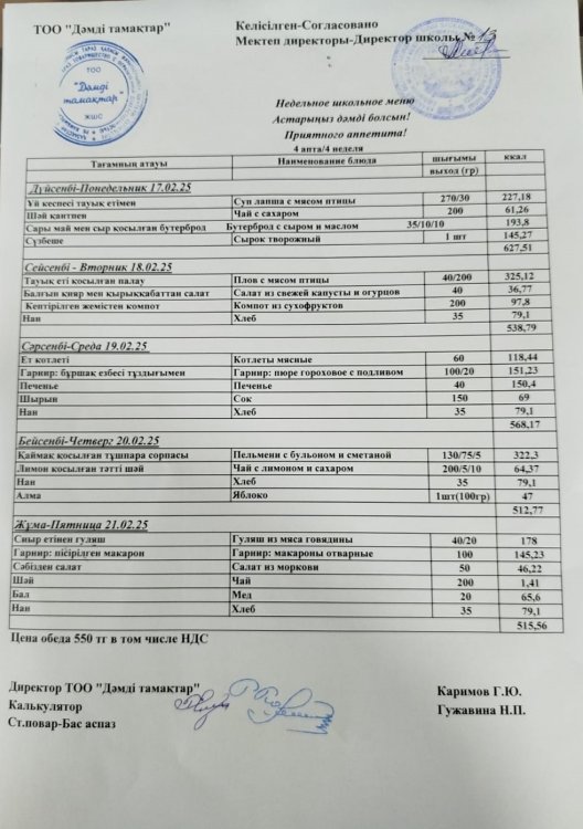 Ақпанның  17-20 күнгі ас мәзірі
