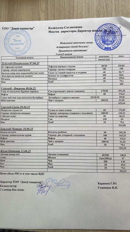 Сәуірдің 7мек 11 күнгі ас мәзірі
