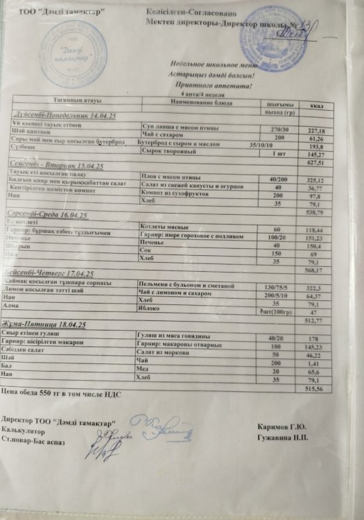 Сәуір  14-18 күнгі ас мәзірі
